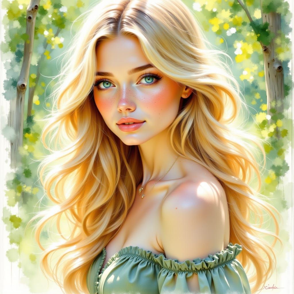 Beautiful Woman in Dappled Wood, Wet Watercolor Style