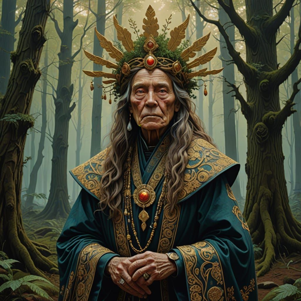 Regal Druidess Norma in Lavish Robes, Adorned by Devoted Pri...