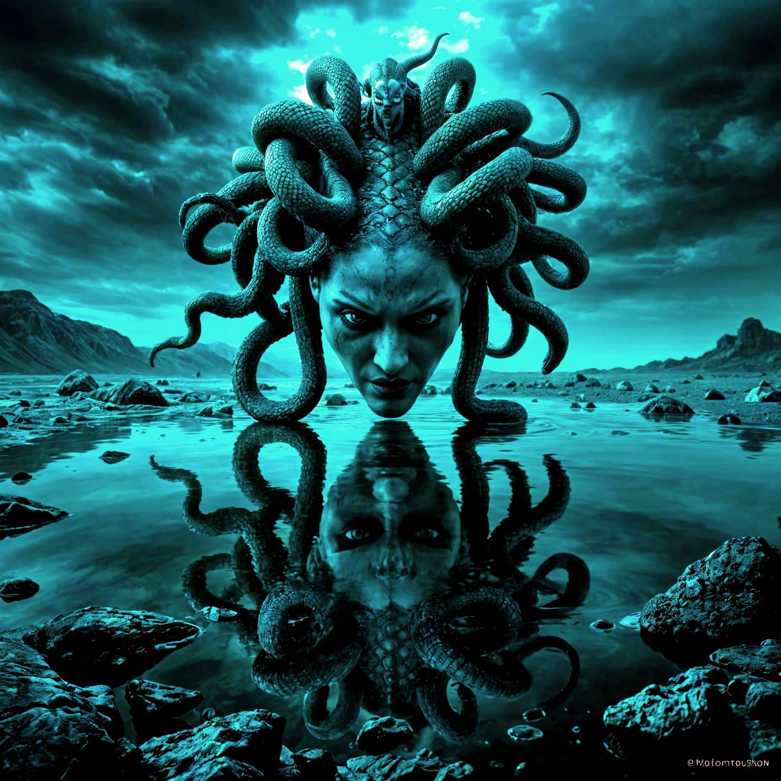 Medusa Glaring at Reflection in Moody Teal and Black