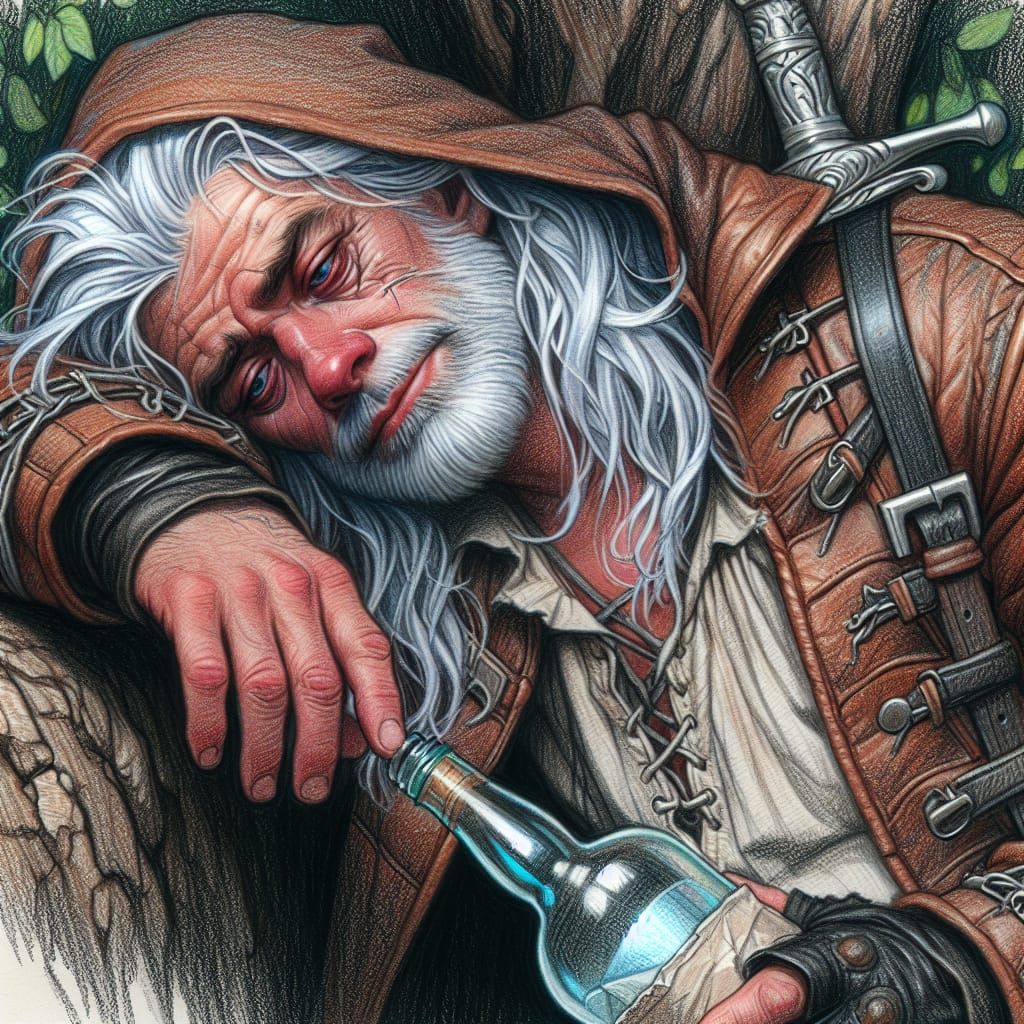 Weary Witcher Resting with Sword: Colored Pencil Art