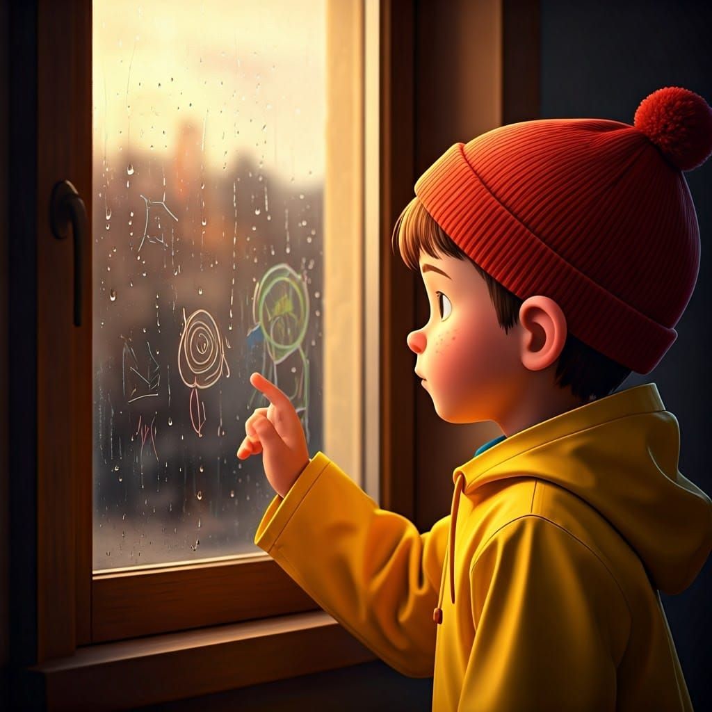Whimsical 3D Illustration of a Boy Drawing in the Rain