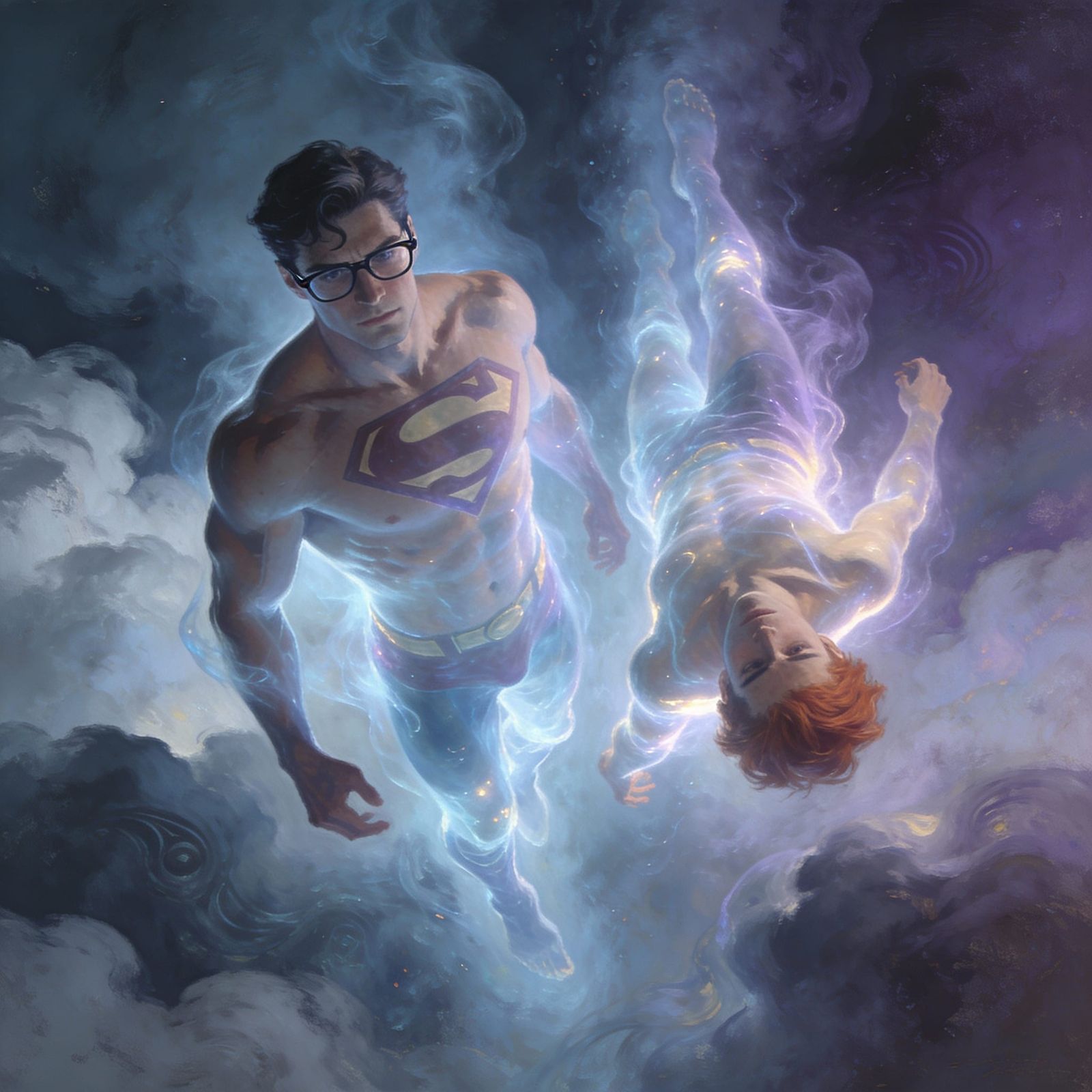 Muscular Clark Kent and Jimmy Olsen Falling Through Clouds