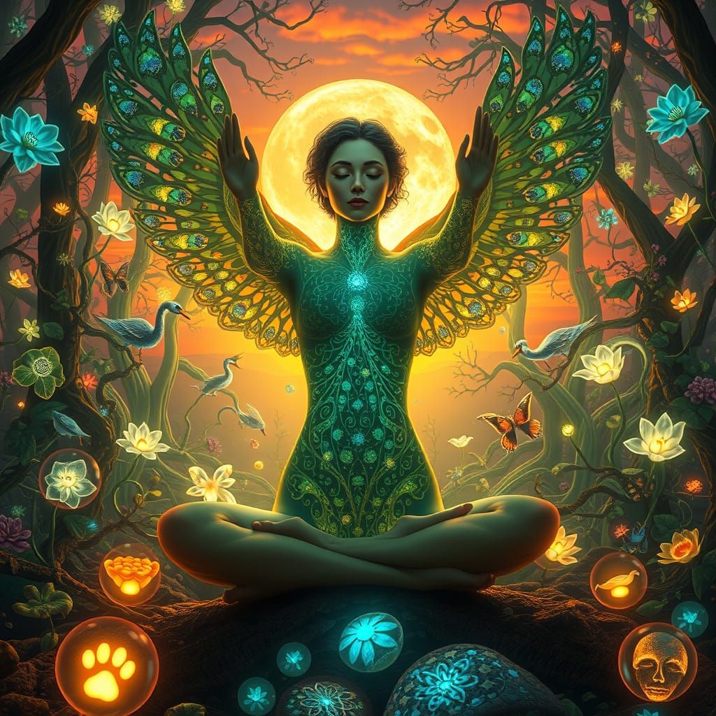 Mystical Woman Meditating in Surreal Fantasy Landscape