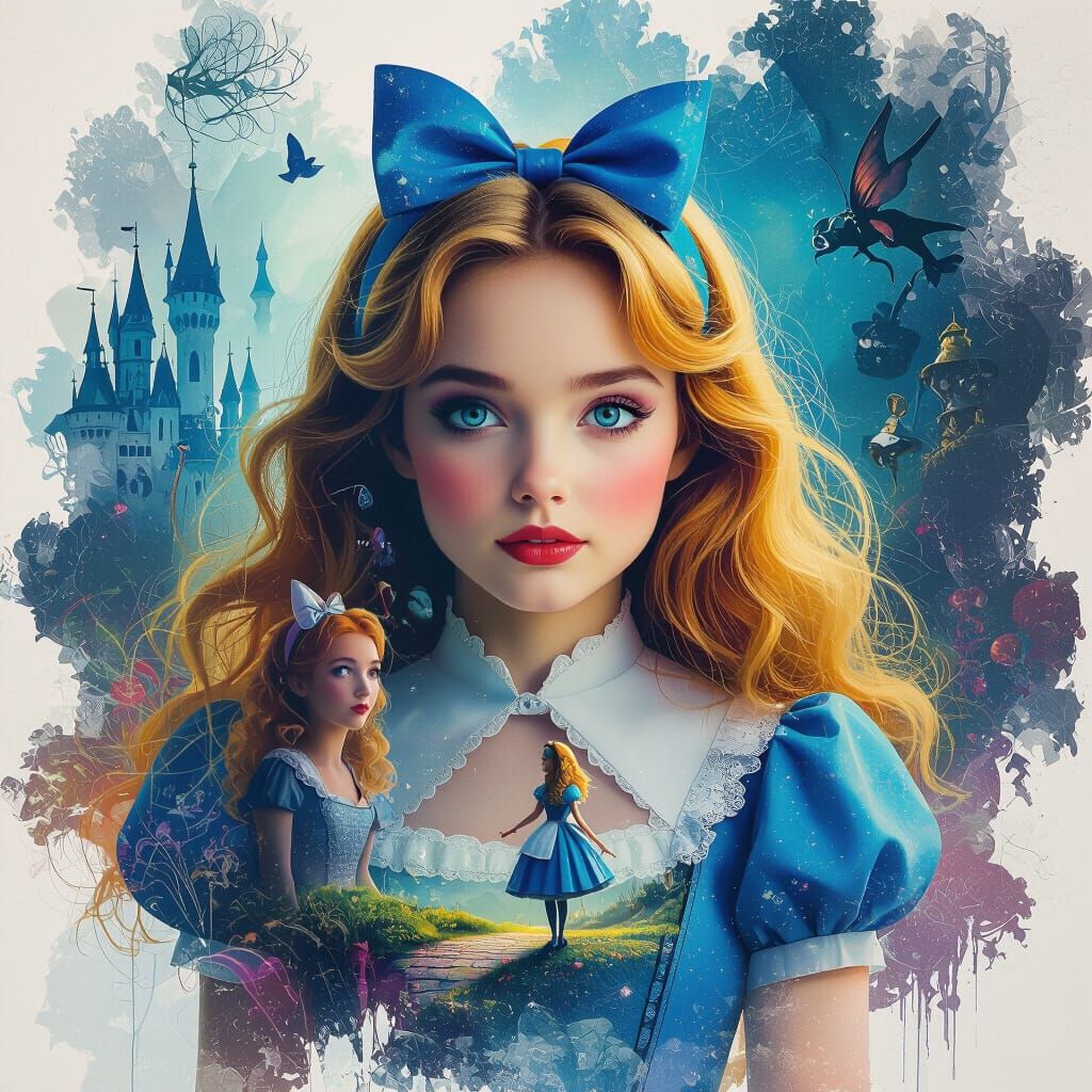 Alice in Wonderland Double Exposure in Digital Art Style