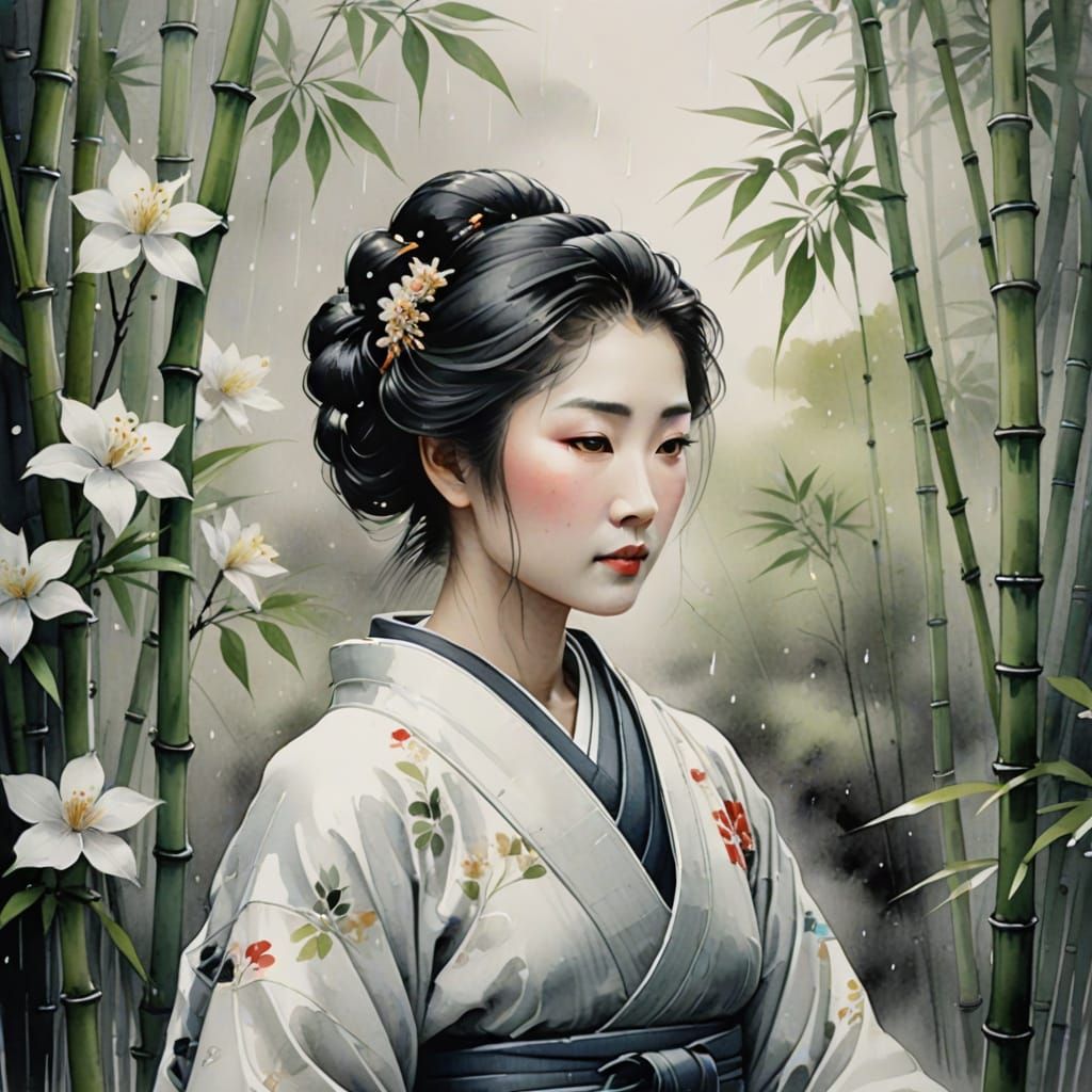 Ethereal Geisha in Bamboo Garden of Jasmine