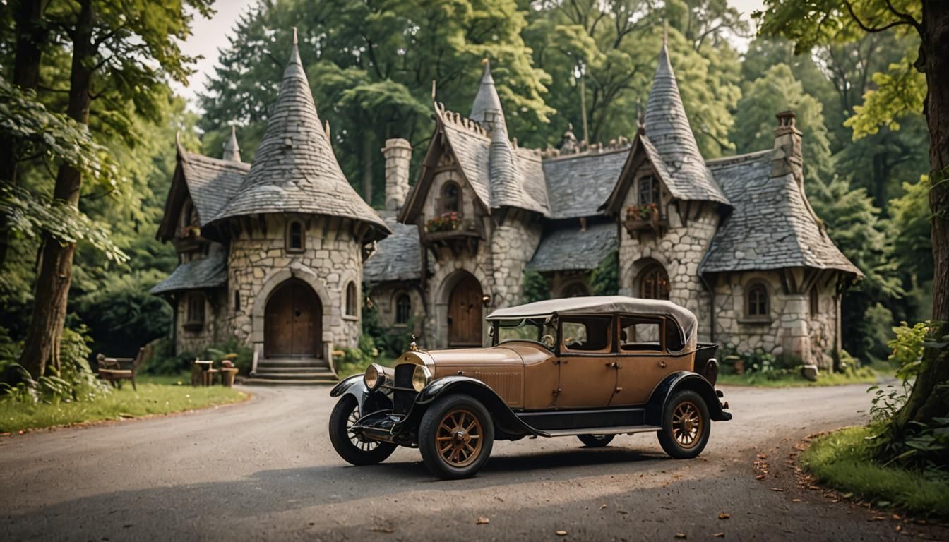Antique Elven Cars and Cottage in Forest
