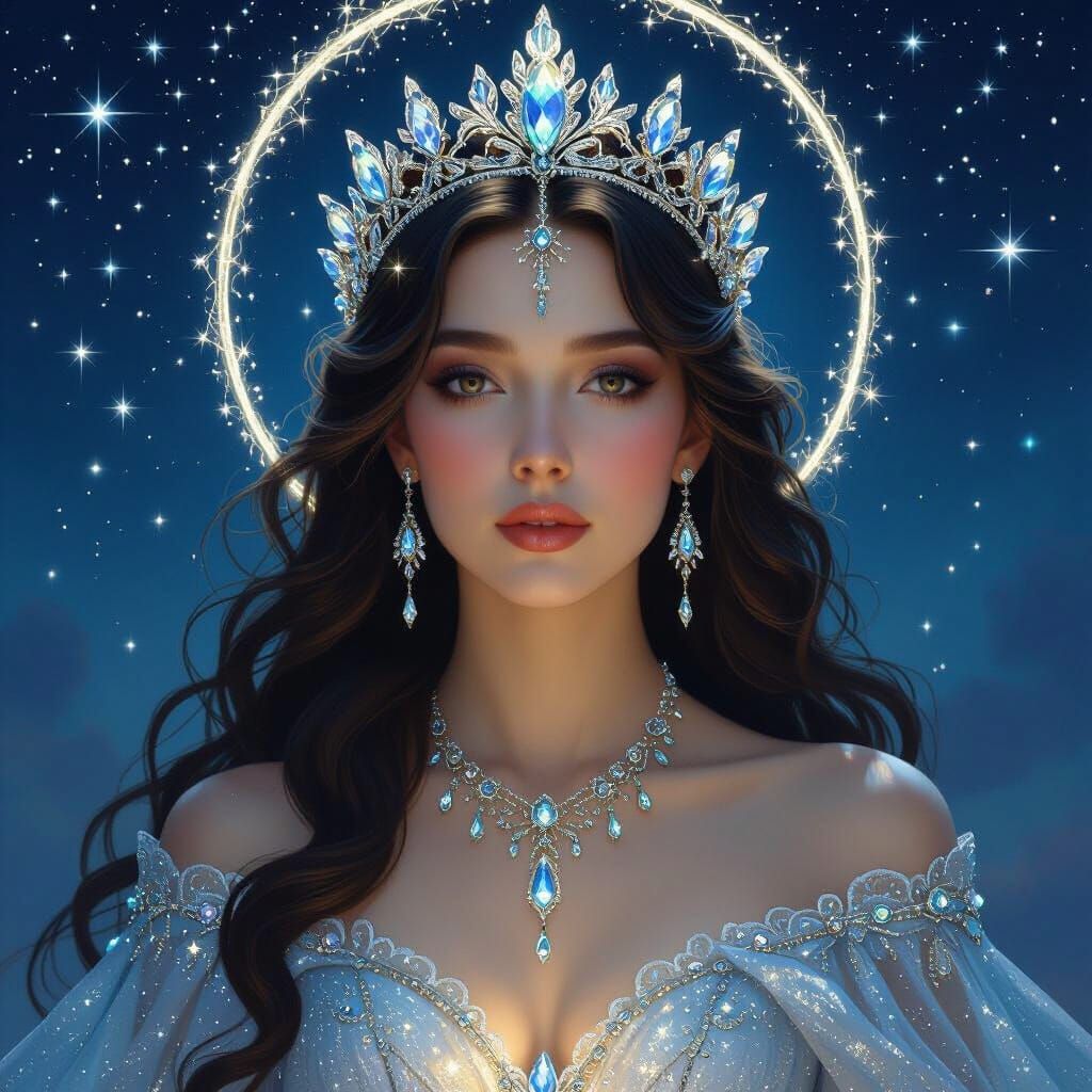 Celestial Empress Crowned in Jewels Under Starlit Sky