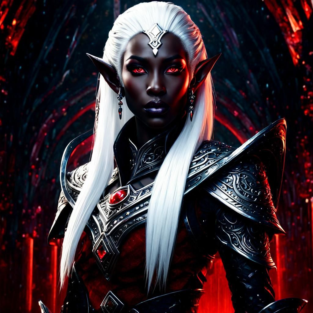 Ethereal Drow Woman with Crimson Eyes: Digital Painting