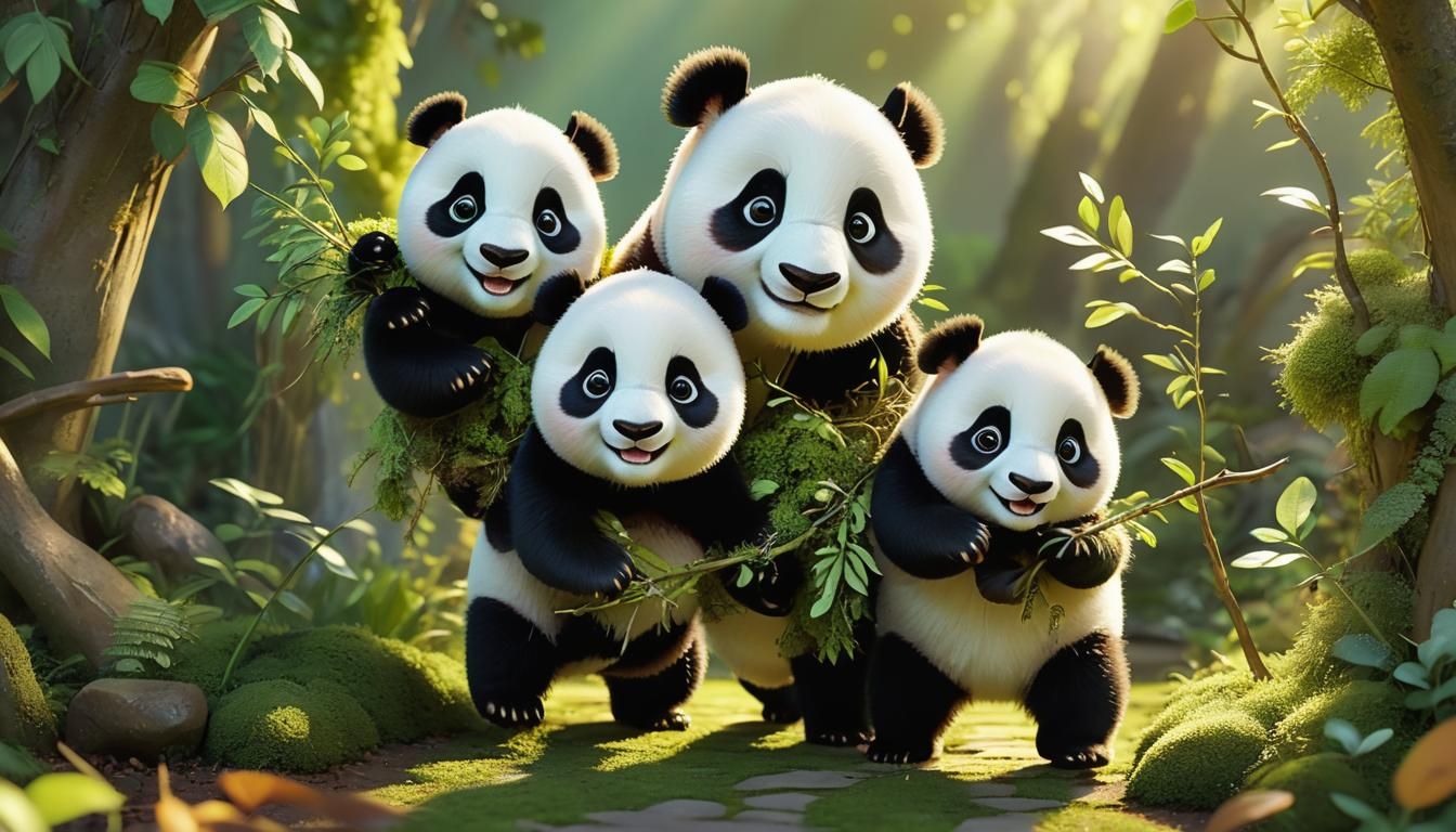 Fluffy Baby Pandas First Walk, Pixar 3D Render