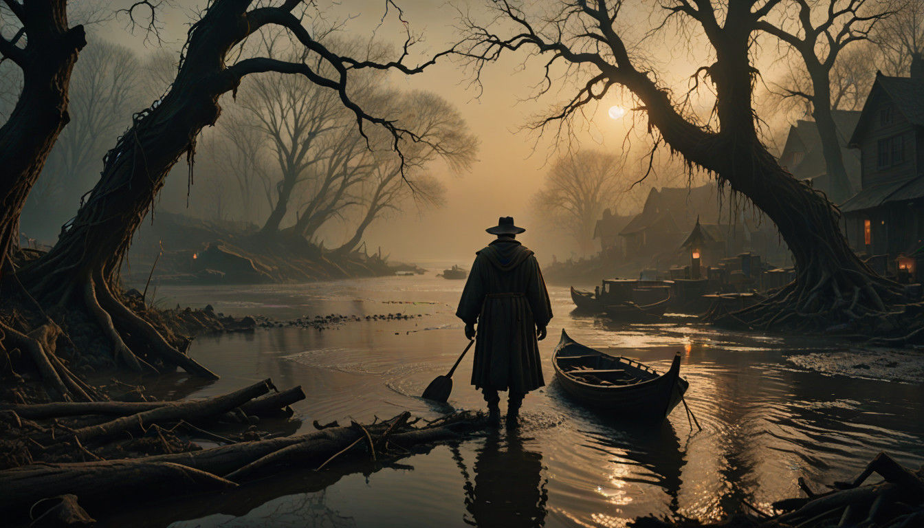 Mysterious Ferryman in Golden Light