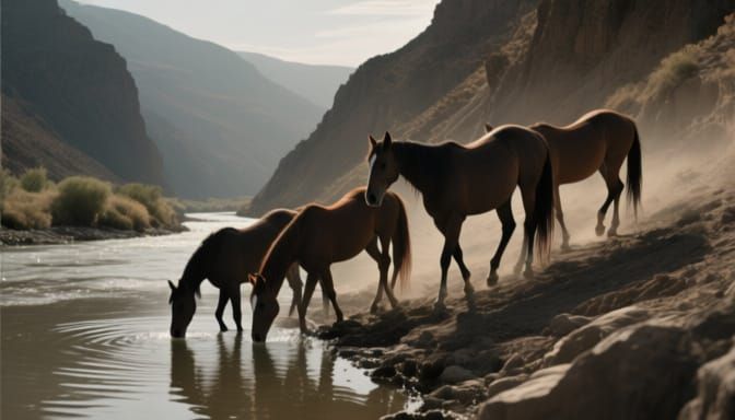 Horses Seek Watering Hole Near Steep Riverbank
