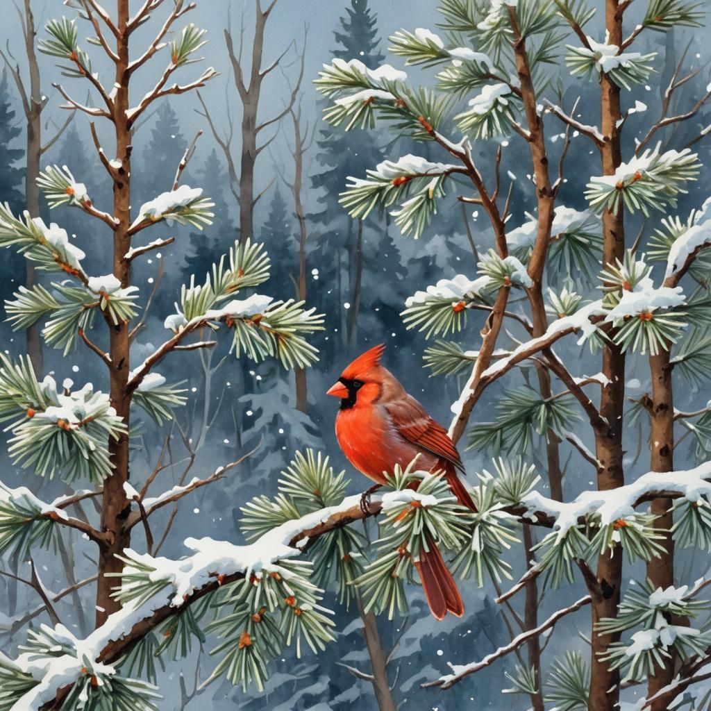 Cardinal in Snowy Spruce: Gouache Winter Scene