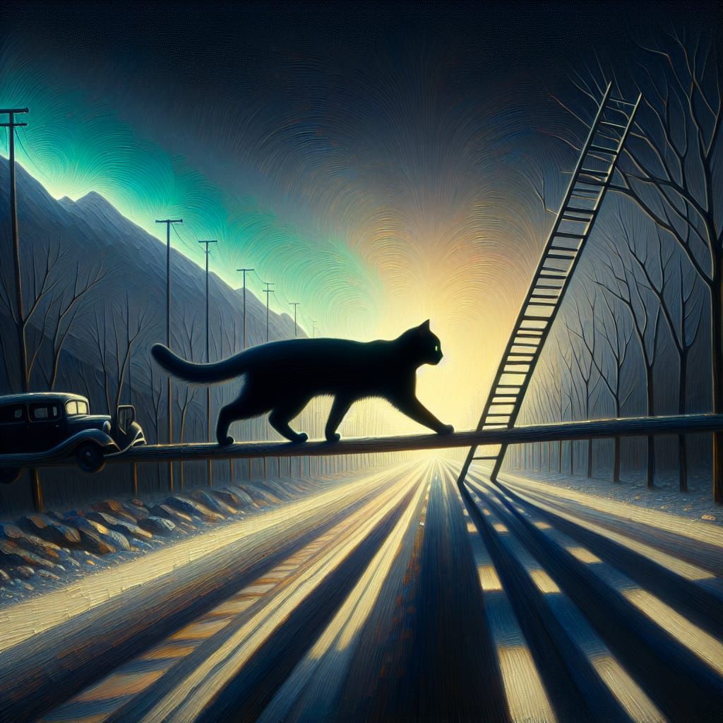 Surreal Black Cat Crossing Under Ladder in Oil Paint