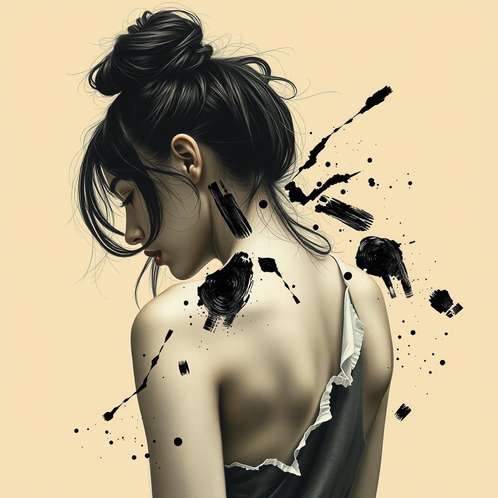 Charcoal Portrait of Woman with Abstract Brushstrokes