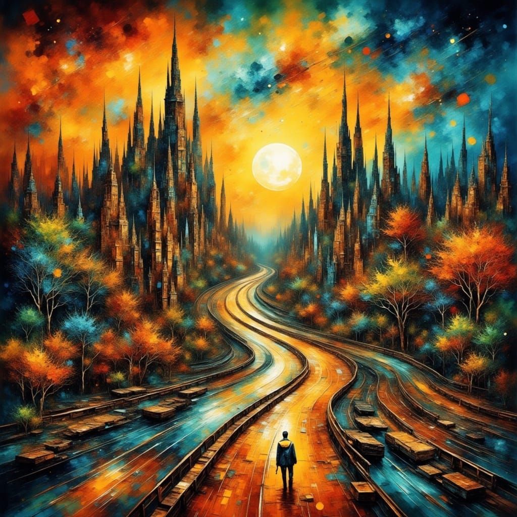 Ethereal Cityscape at Sunset in a Vibrant, Expressive Art St...