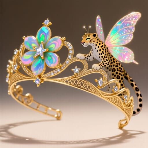 Opal and Gold Starflower Tiara with Leopard Fairy