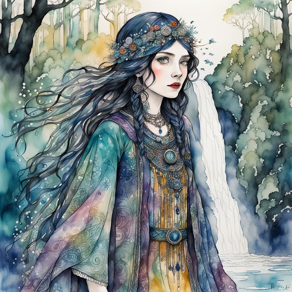 Enchanting Explorer in Magic Forest, Watercolor Art Nouveau