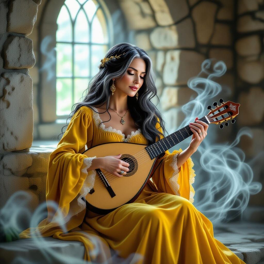 Middle-Aged Woman Plays Lute in Castle, Ethereal Fantasy Mis...