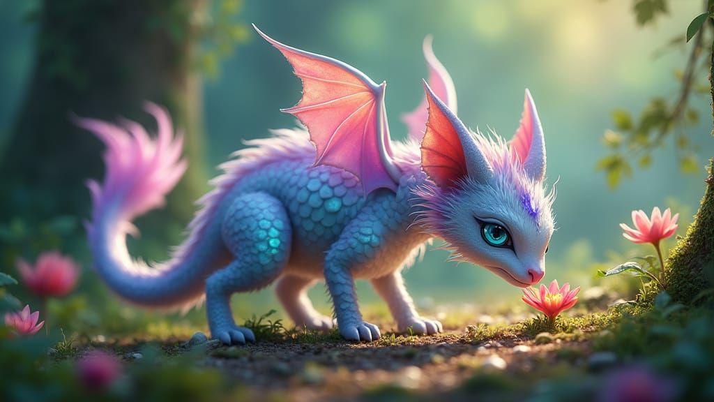 Fantasy Dragon with Iridescent Scales in Whimsical Forest