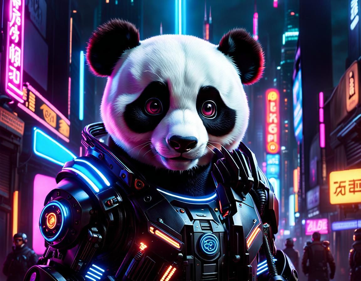 Cyberpunk Mecha Panda Portrait in Neon Cityscape