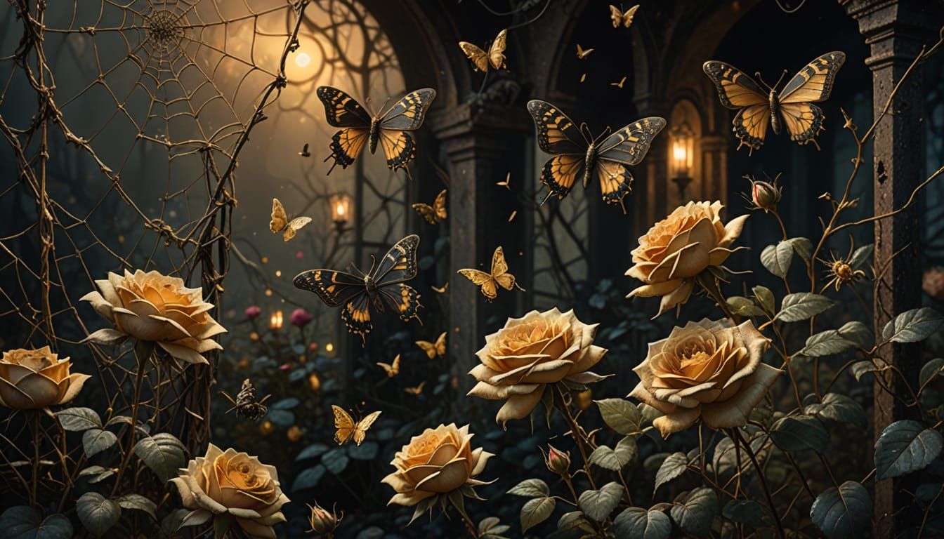 Mystical Dark Fantasy Garden with Roses and Butterflies