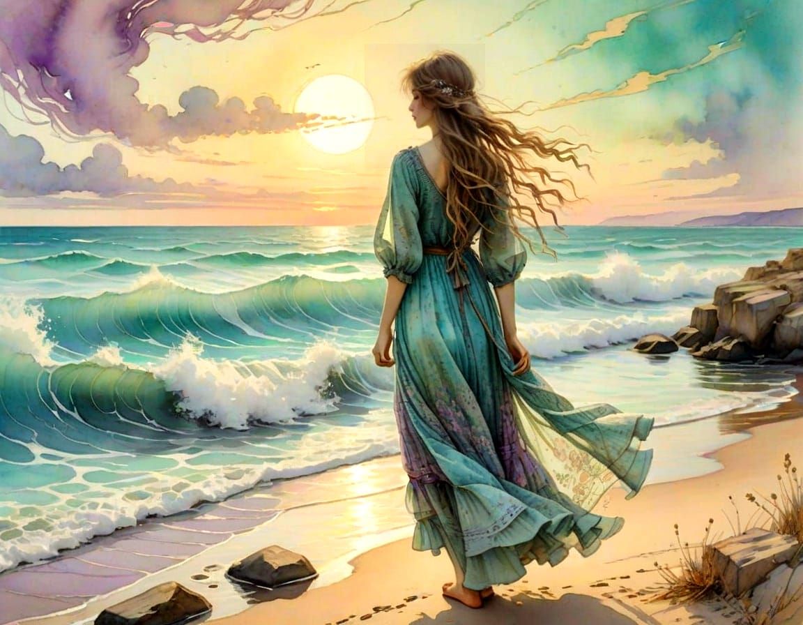Bohemian Goddess Admires Turquoise Sea Under Purple Moon