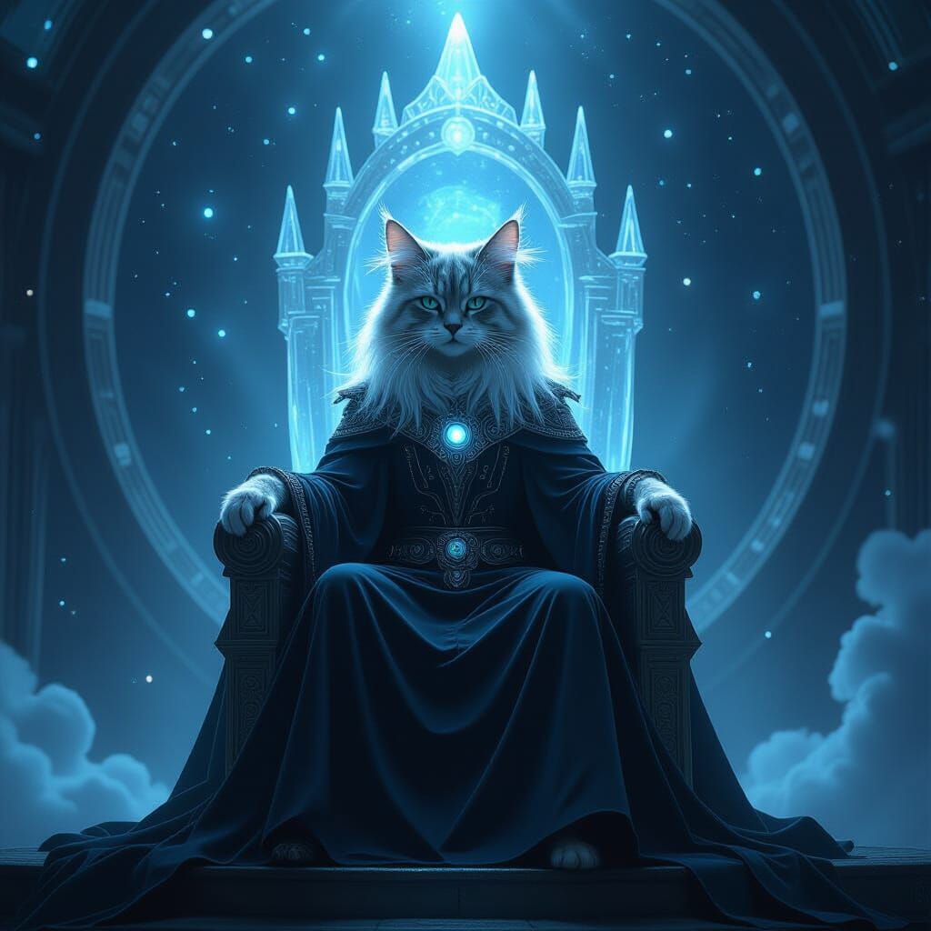 Ethereal Cat on Crystal Throne in Cosmic Observatory