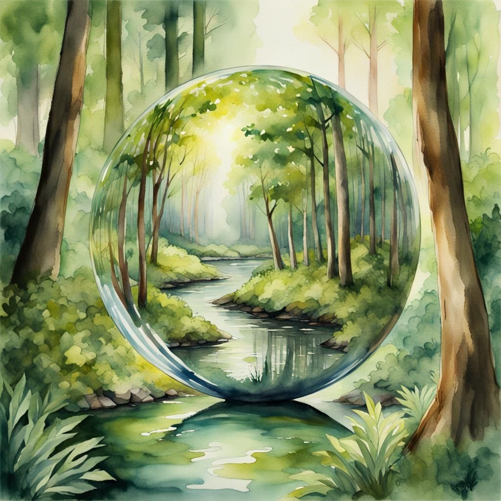 Watercolor Forest Realm Reflected in Glass Orb