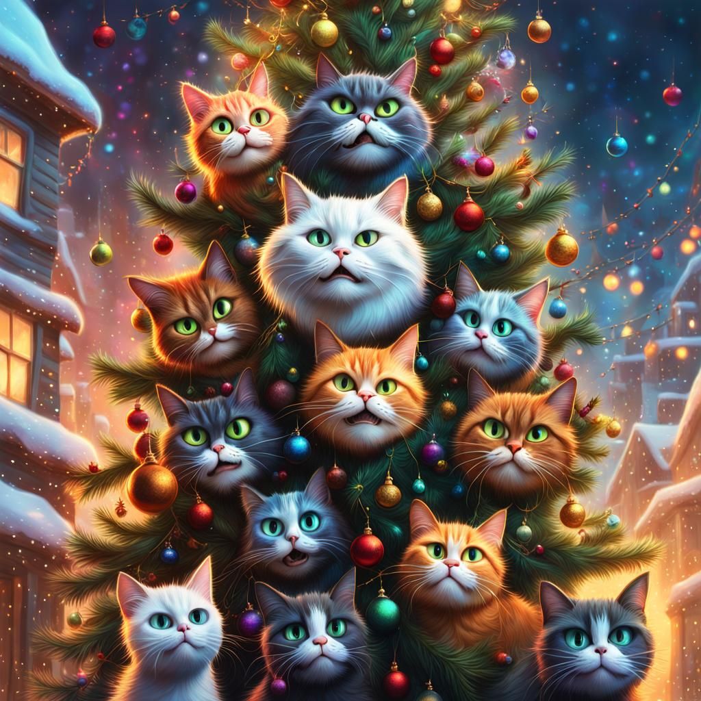 Cats Chaos with Christmas Tree in Pixar Style