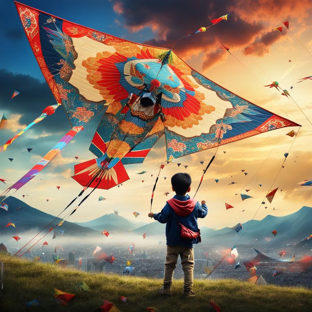 Colourful Japanese Kite Flying: Detailed Digital Painting
