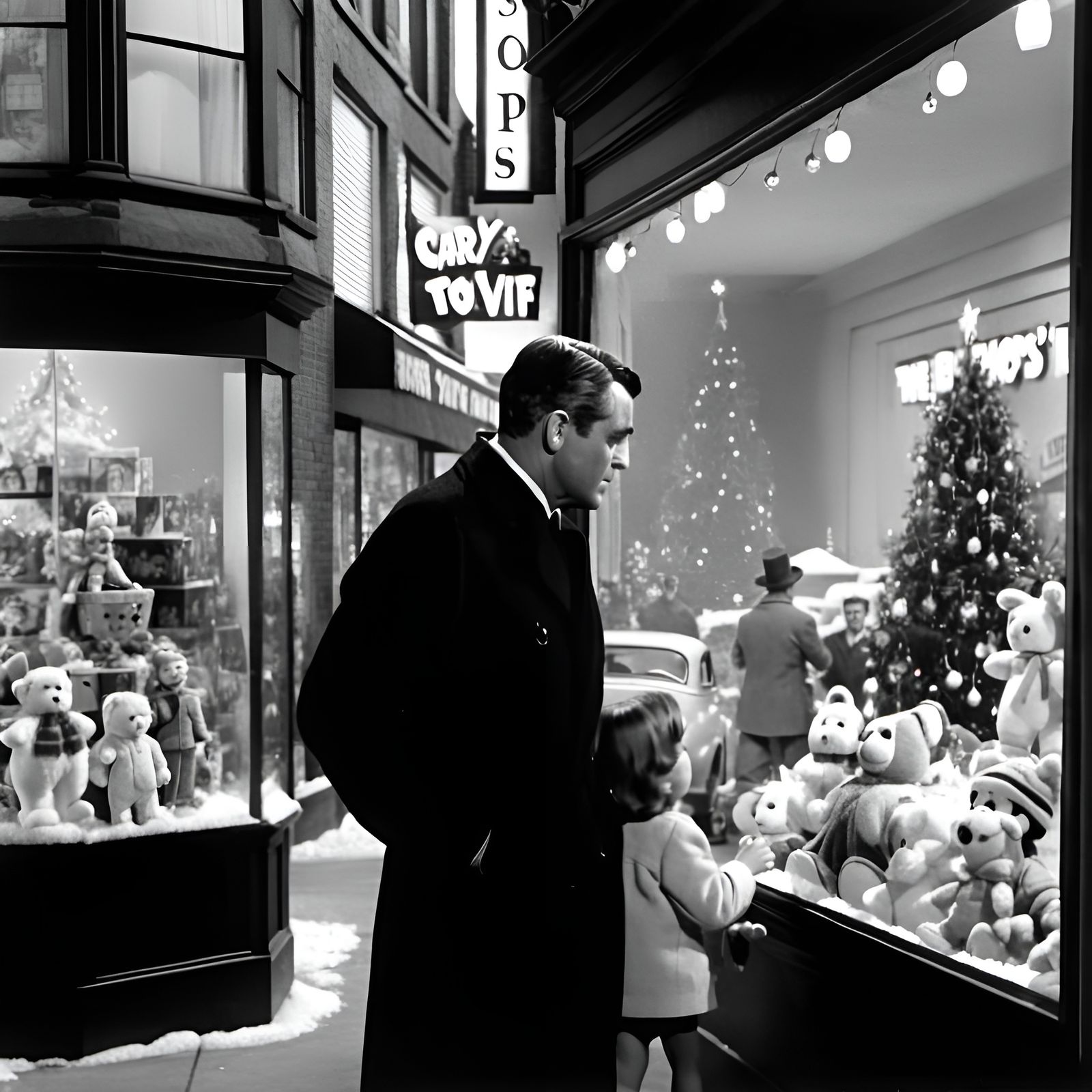 Christmas Downtown Street Scene in Black and White