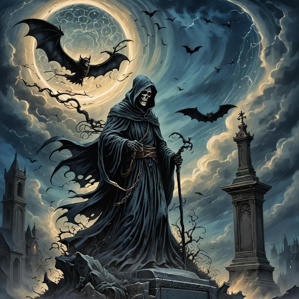 Grim Reaper with Bats in Swirling Lightning