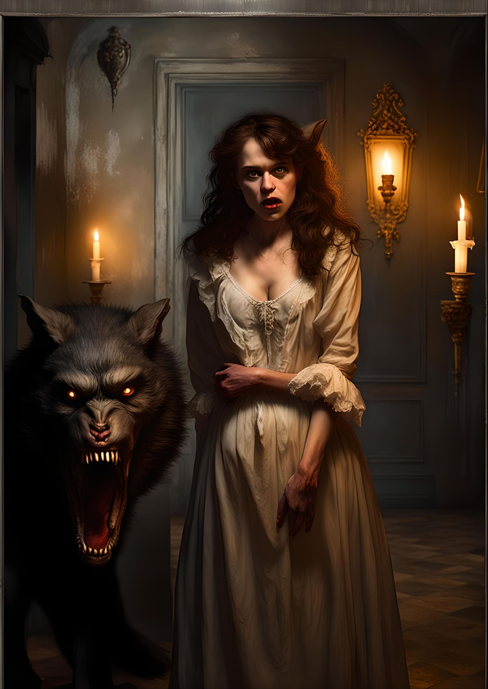 Werewolf Encounter in Candlelit Mansion: Oil Painting