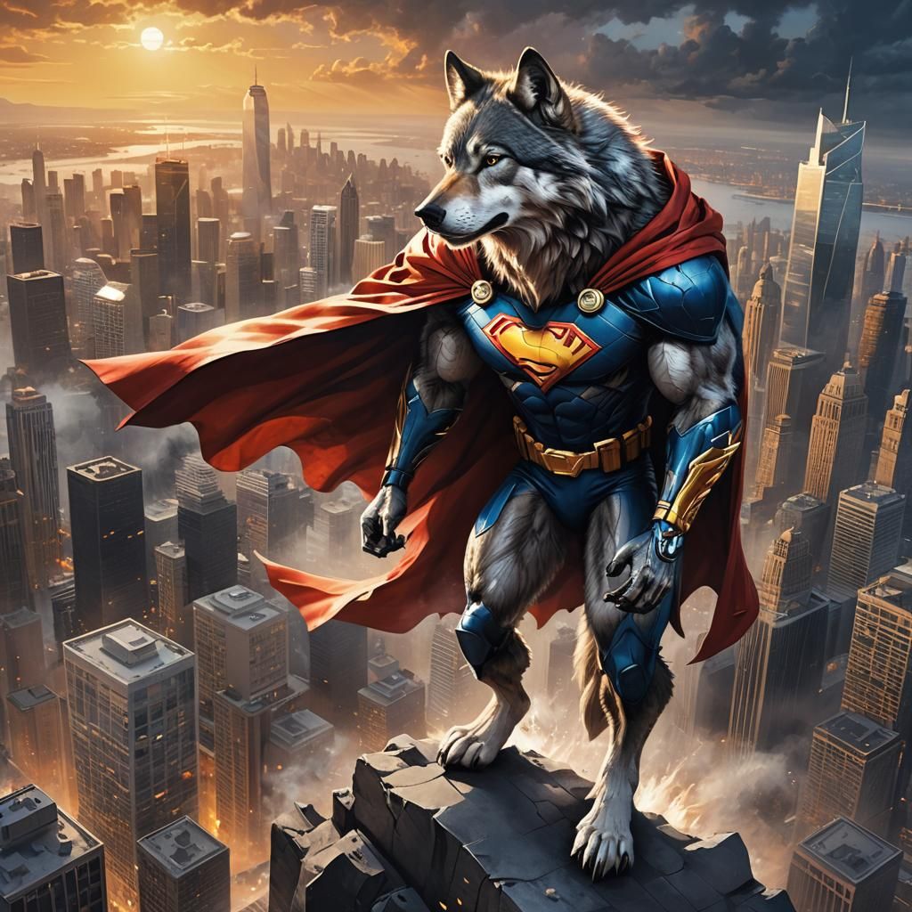 Wolf superhero looking over the city..