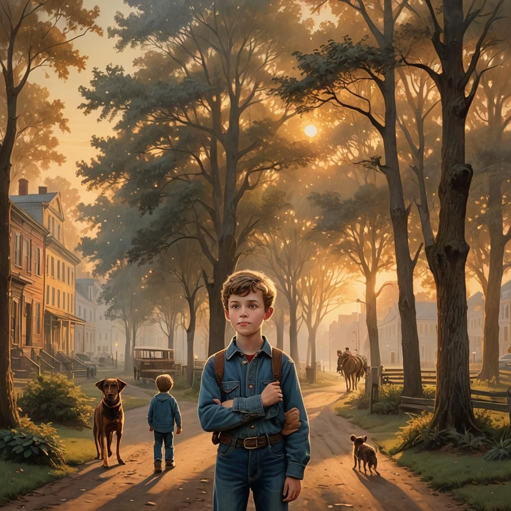 Boy and Dog Adventure in American Folk Art Style