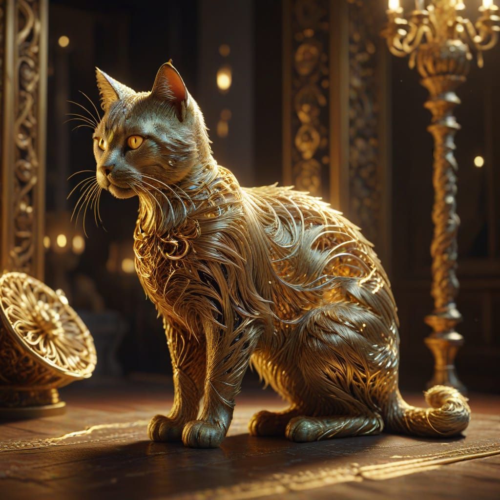 Refined 3D Cat Silhouette Woven From Gold Metallic Thread