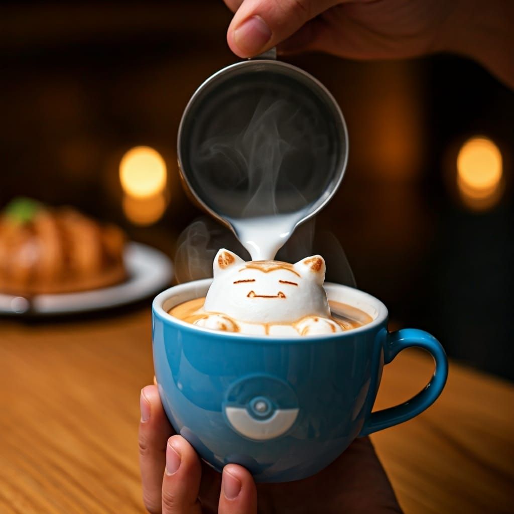 Latte Art: 3D Snorlax in Blue Cup