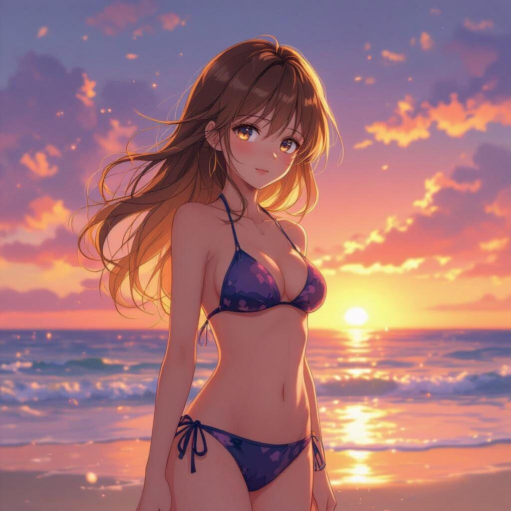 Anime Girl on Beach at Sunset