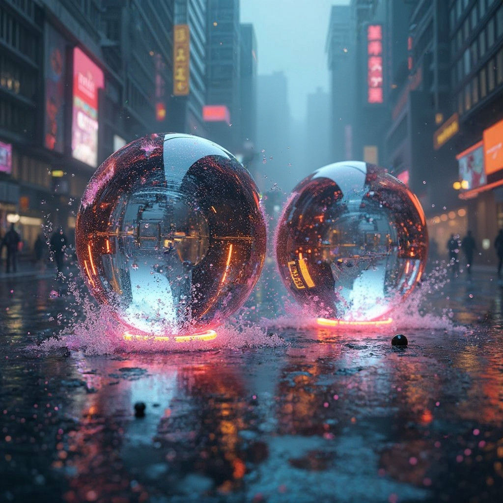 Glossy Spheres Collision in Cyberpunk Neon Scene
