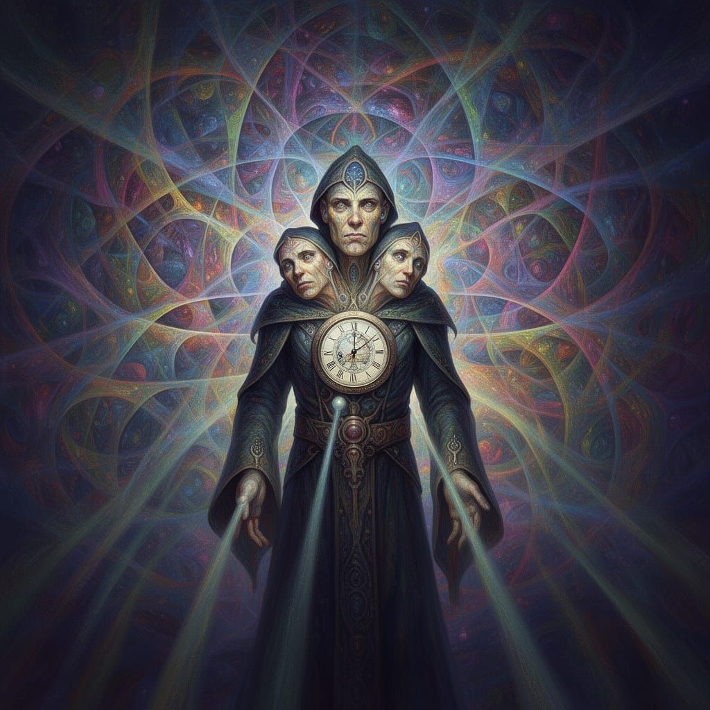 Triple Faced Time Wizard in Surreal Fractal Cosmos