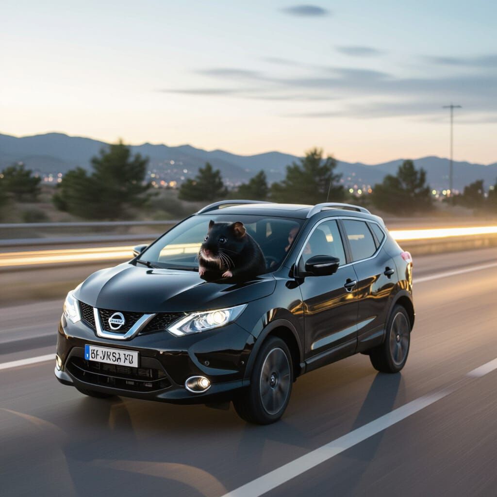 Black Hamster Drives Nissan Qashqai on Night Road