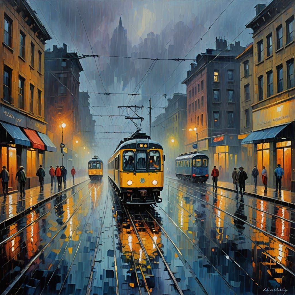 Cityscape in Fog at Night, Neo-Impressionist Oil Painting