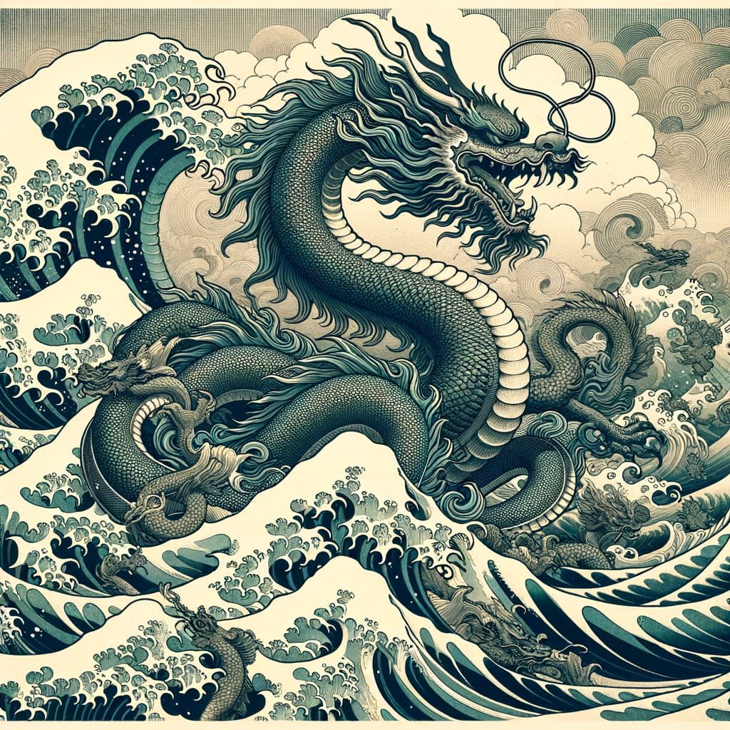 Ryujin Rising: Japanese Dragon God in Ukiyo-e Style