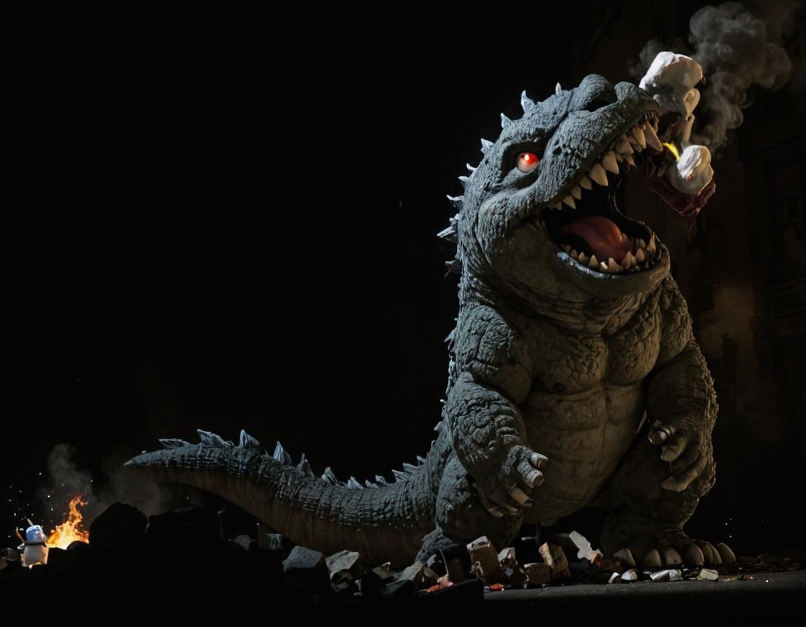 Godzilla vs Stay Puft in Cartoonish Urban Battle