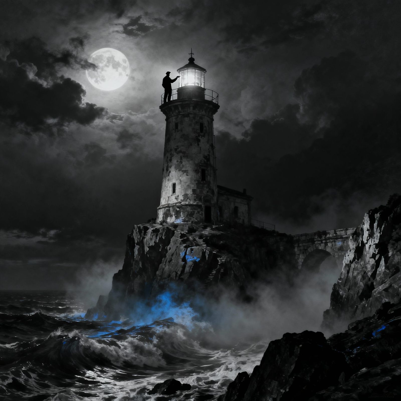 Spectral Lighthouse Keeper in Stormy Moonlit Sea