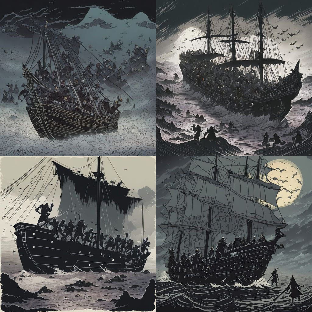 Dark Spectral Shadow Battles Knights on Haunted Ship in Dark...