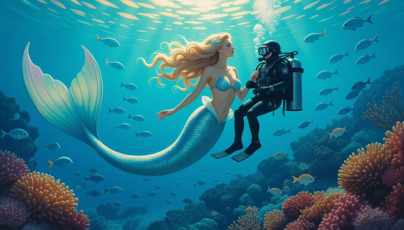 Mermaid Holds Sailor Underwater, Photorealistic Style