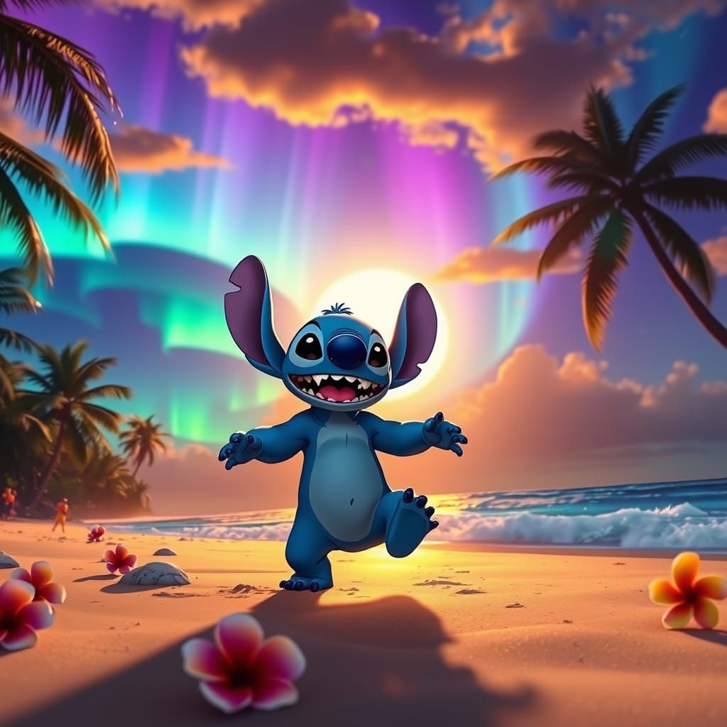 Stitch Dancing on a Tropical Beach at Sunset