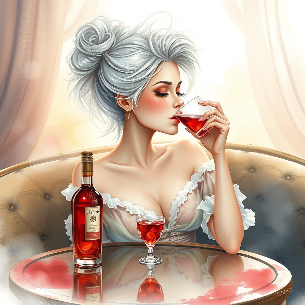 Ethereal Woman Drinking Cherry Liquor, Watercolor Style