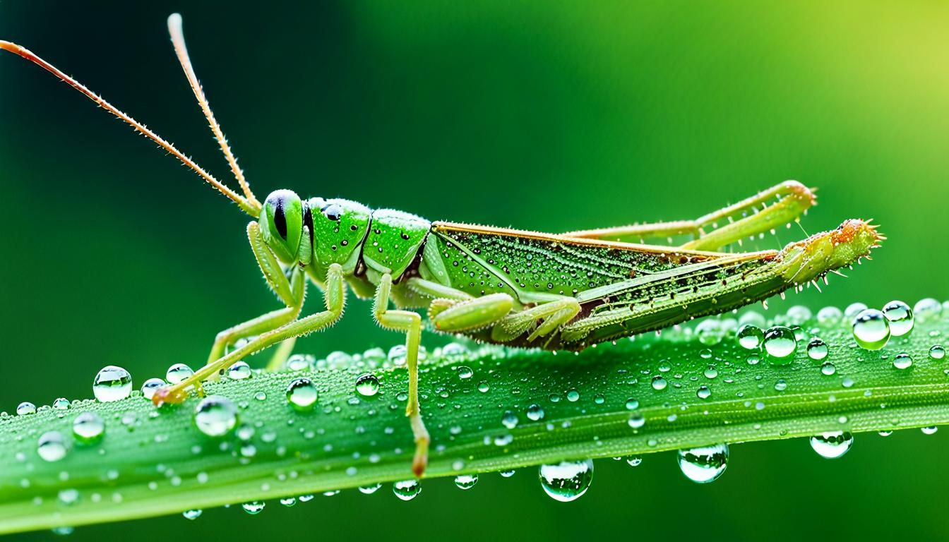 Dew Covered Grasshopper Macro Photorealism